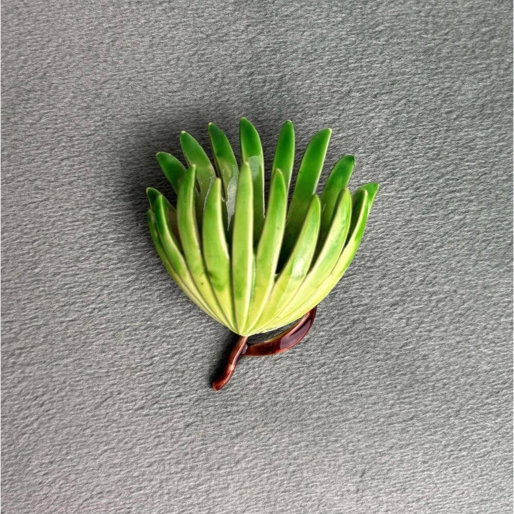 Vintage Long Stem Rose Flower‎ Leaf Palm Brooch Green P030
